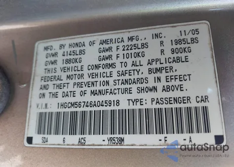 2006 Honda Accord 2.4 Ex z USA, uszkodzony, nr VIN 1HGCM56746A045918